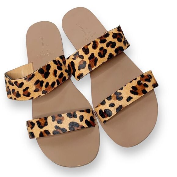 J. Crew | Leopard Calf Hair Slip On Double Strap Open Toe Sandals Women's Size 7 - Picture 1 of 9